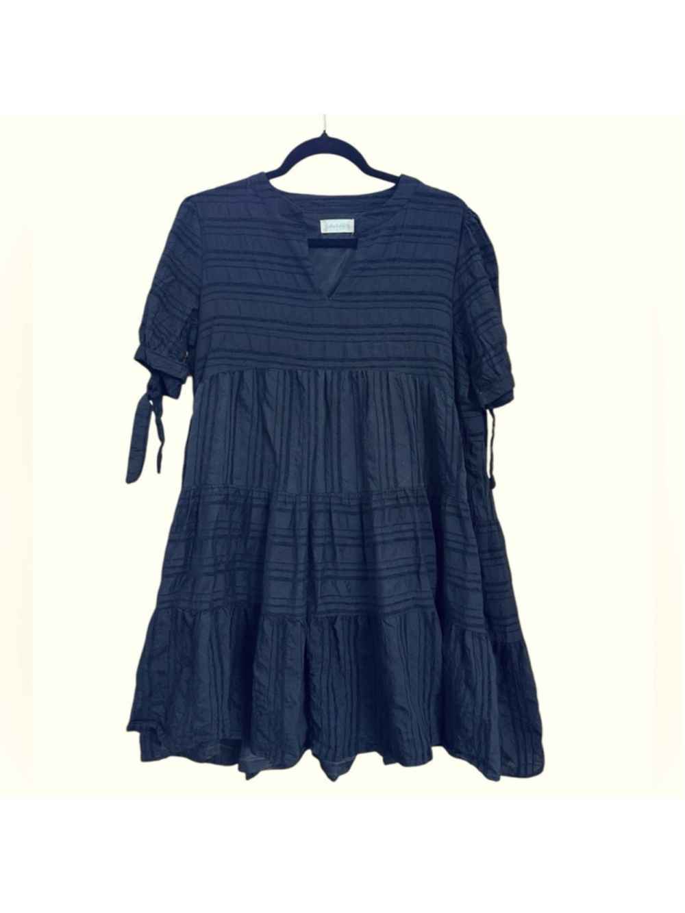 Altar'd State Babydoll Dress L Tie Sleeve Tiered Ruffle Black Pockets